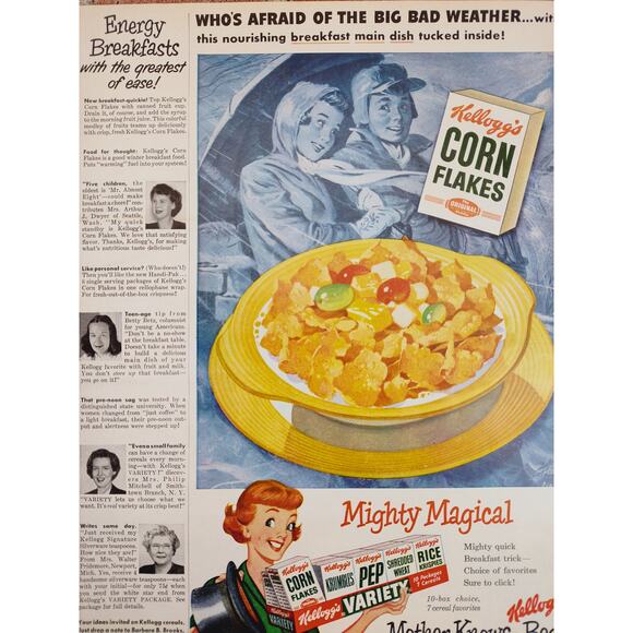 1950 Kellogg Energy Breakfast Cereal "Who's Afraid Big Bad Weather" Vtg Print Ad - Picture 1 of 6